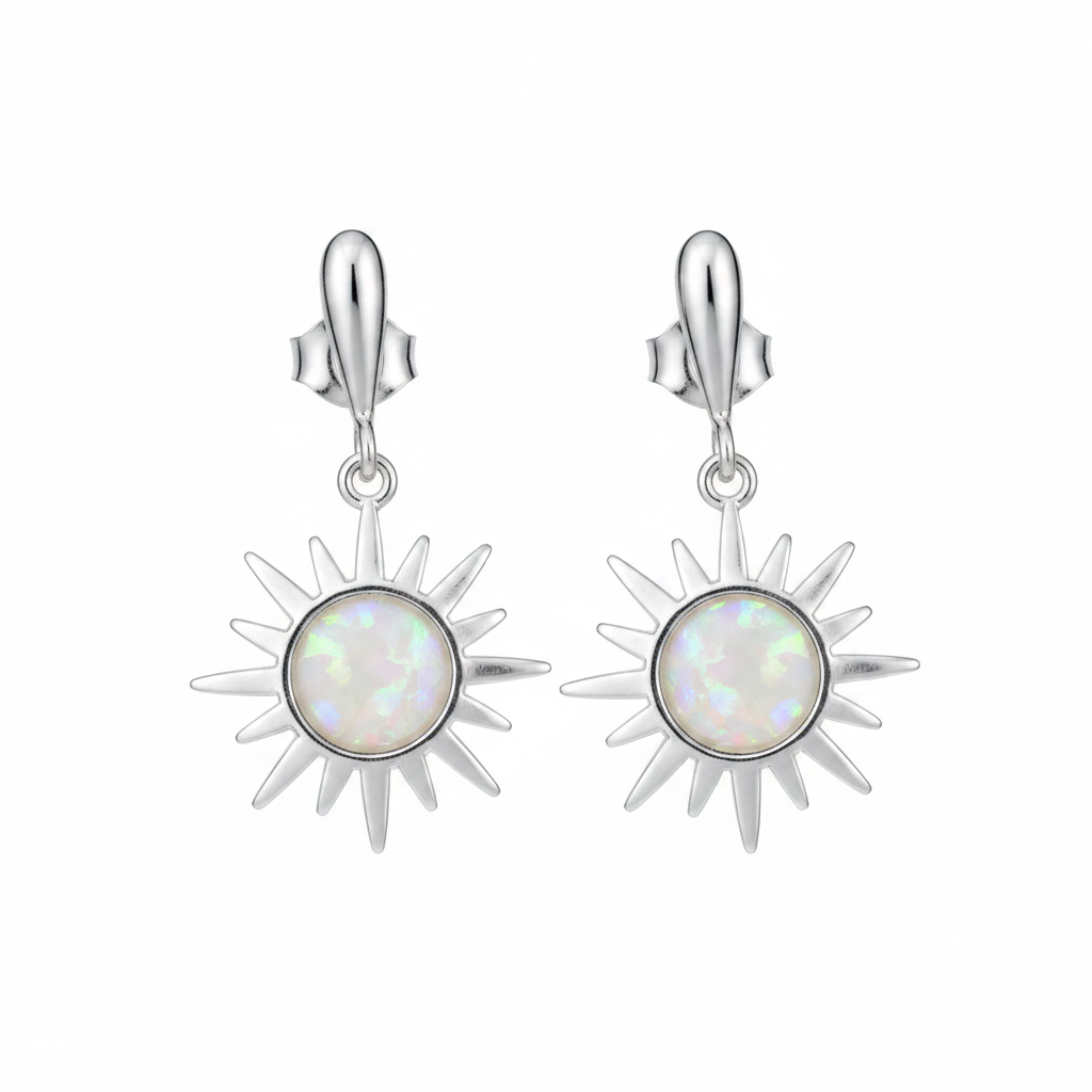 Silver 925 rising sun drop earrings - white pearl opal resin