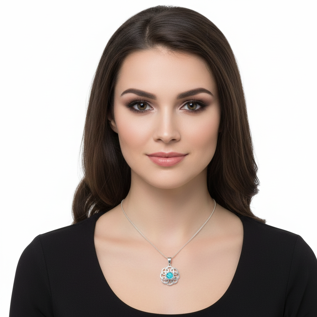 Model wearing silver 925 Celtic flower knot memorial pendant at true 18mm scale