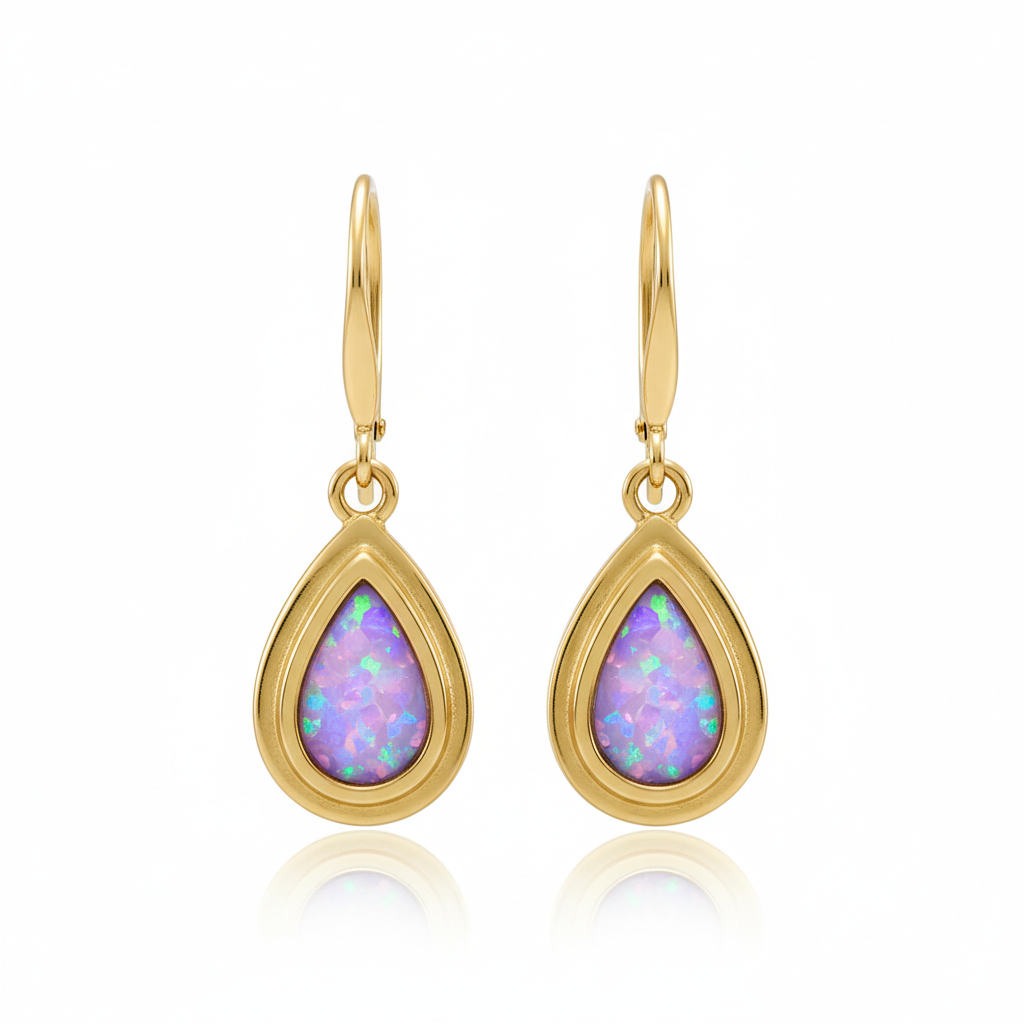 9ct gold pear drop earrings with lavender iridescent opal flakes – white background