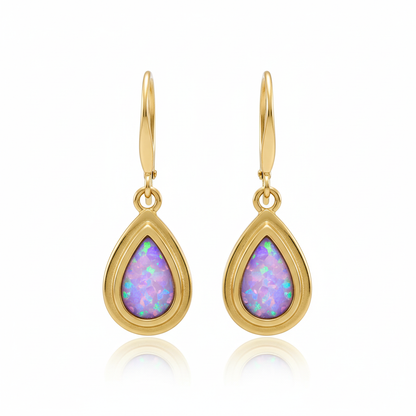 9ct gold pear drop earrings with lavender iridescent opal flakes – white background