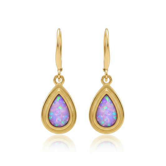 9ct gold pear drop earrings with lavender iridescent opal flakes – white background