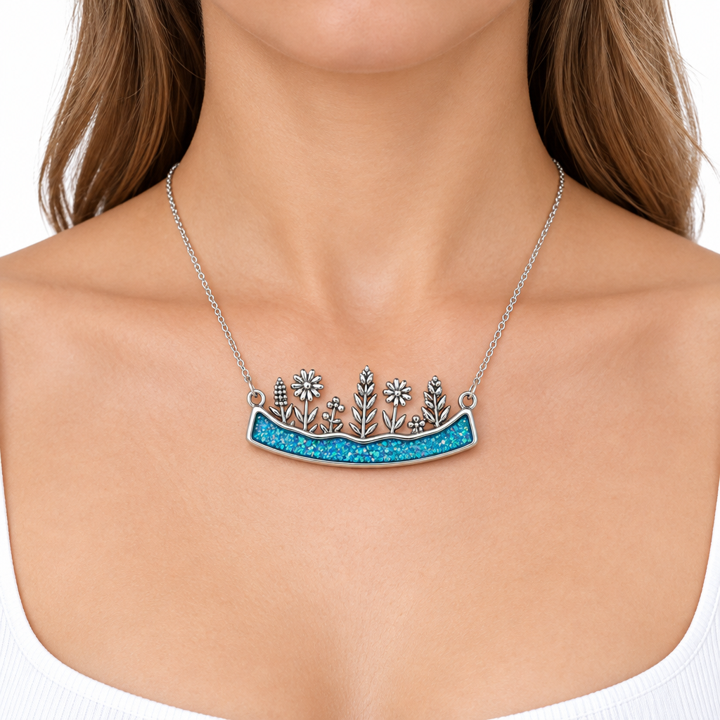 Model wearing the wildflower memorial pendant