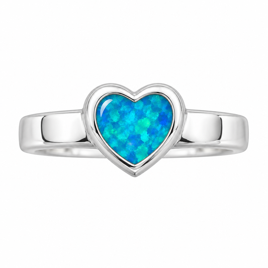Illustrative thick-trim sterling silver heart memorial ring with blue teal opal resin