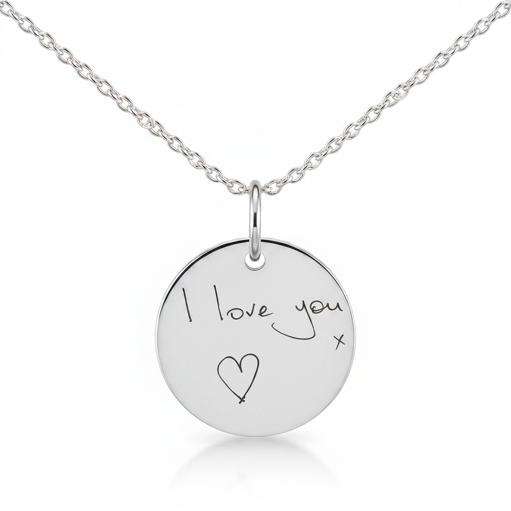 925 sterling silver round disc pendant necklace with laser engraved handwriting I love you x hanging on cable chain — Lovely Oxford
