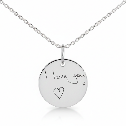 925 sterling silver round disc pendant necklace with laser engraved handwriting I love you x hanging on cable chain — Lovely Oxford