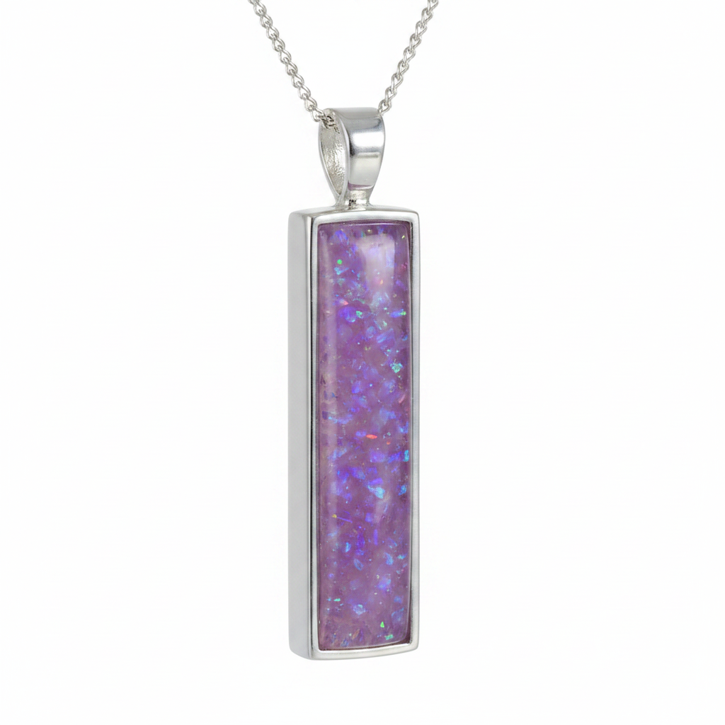 Silver 925 rectangular bar memorial pendant — lavender purple opal flakes domed resin inclusion