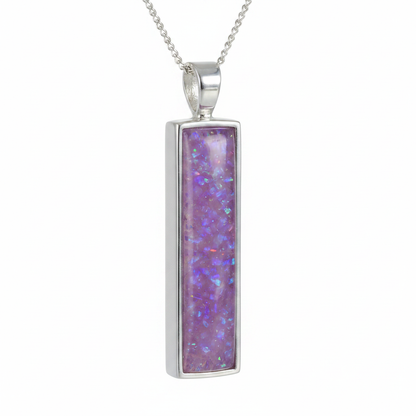 Silver 925 rectangular bar memorial pendant — lavender purple opal flakes domed resin inclusion