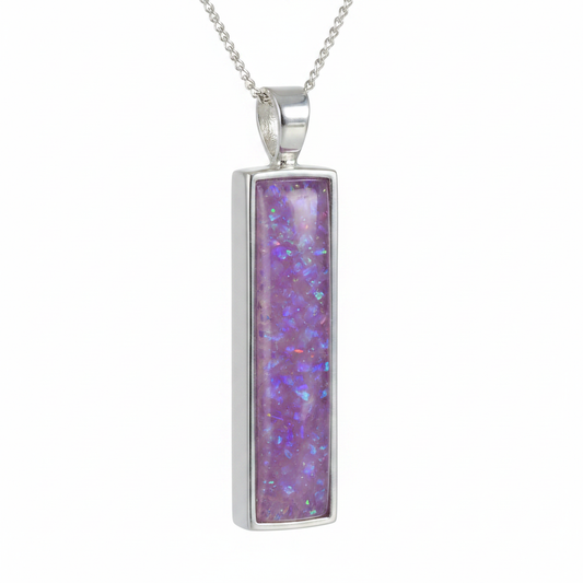 Silver 925 rectangular bar memorial pendant — lavender purple opal flakes domed resin inclusion