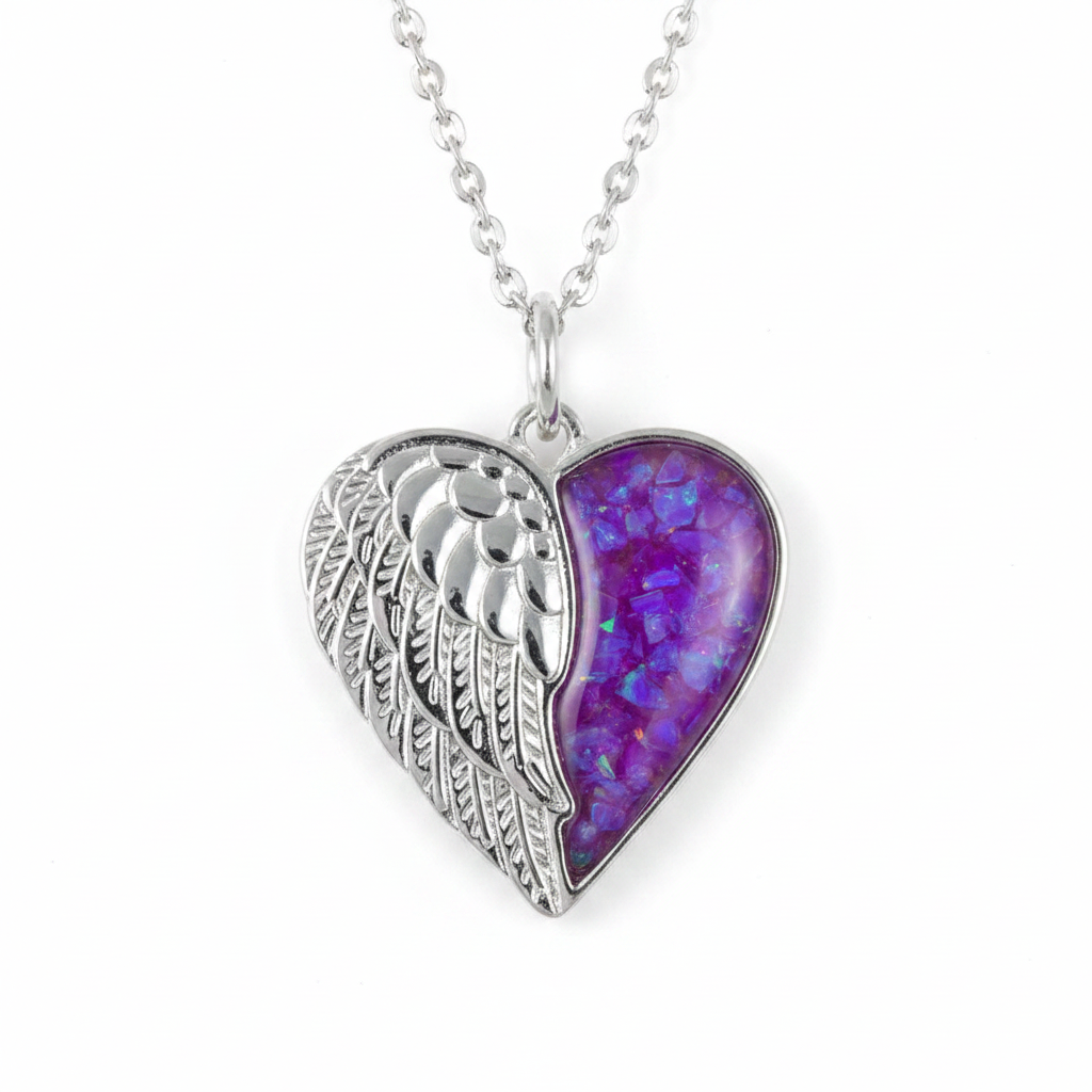 Silver 925 angel wing heart memorial pendant — lavender purple opal flakes domed resin inclusion