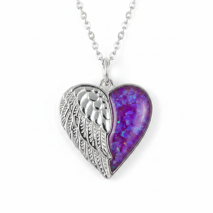 Silver 925 angel wing heart memorial pendant — lavender purple opal flakes domed resin inclusion