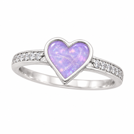 Illustrative silver heart CZ memorial ring with lavender opal resin and fur