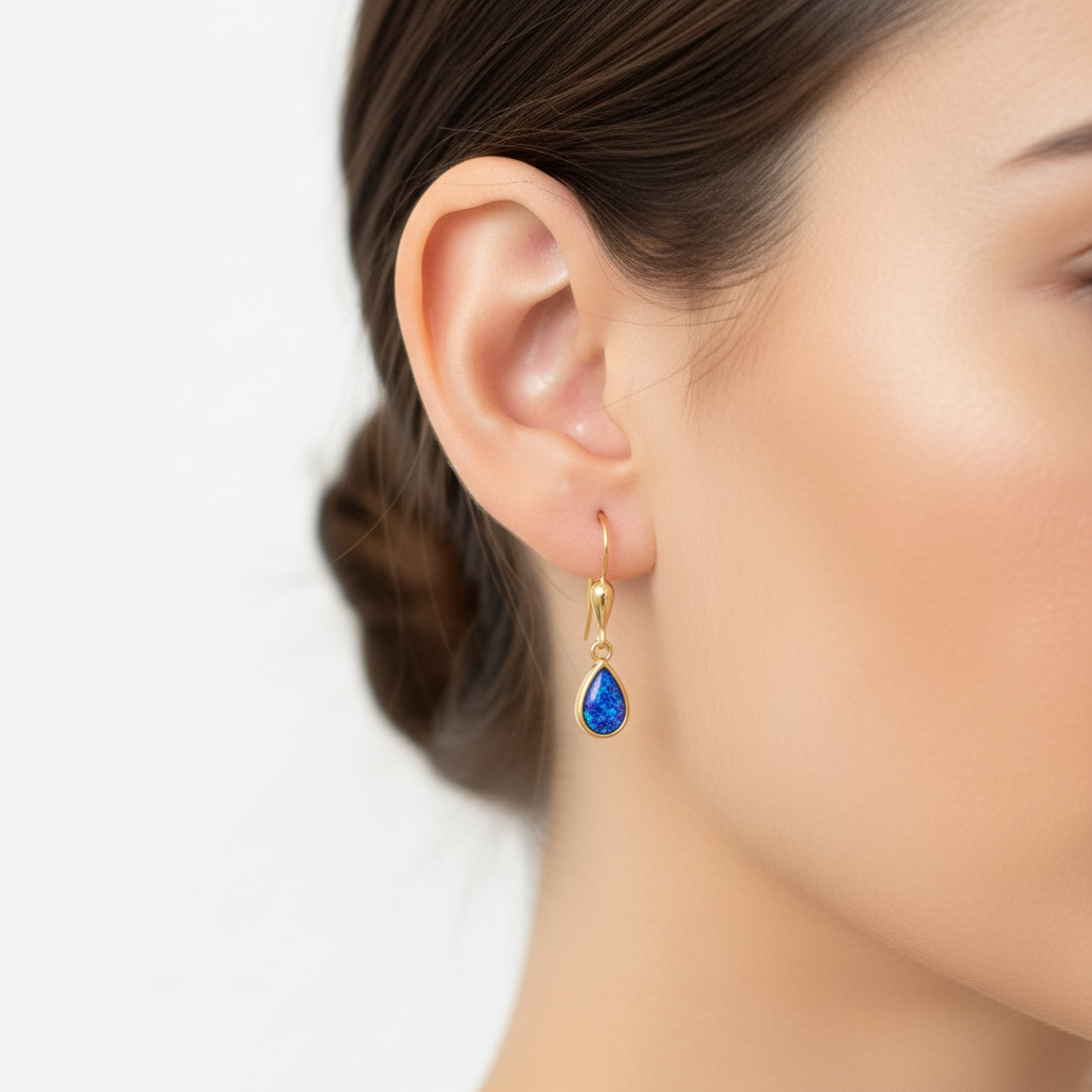 Model wearing 9ct gold teardrop memorial drop earrings showing true dainty scale on ear