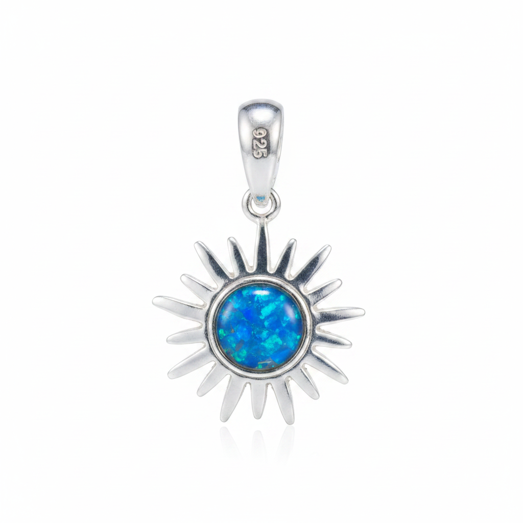 Silver 925 sun memorial pendant with blue opal flakes, no chain, white background