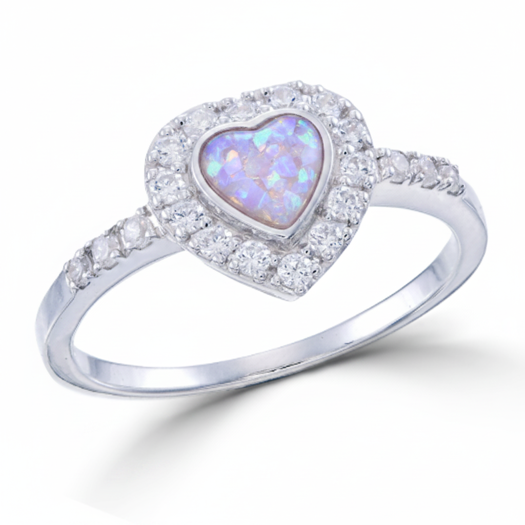Heart CZ Halo Memorial Ring 925 Sterling Silver with lavender purple opal flake inclusion