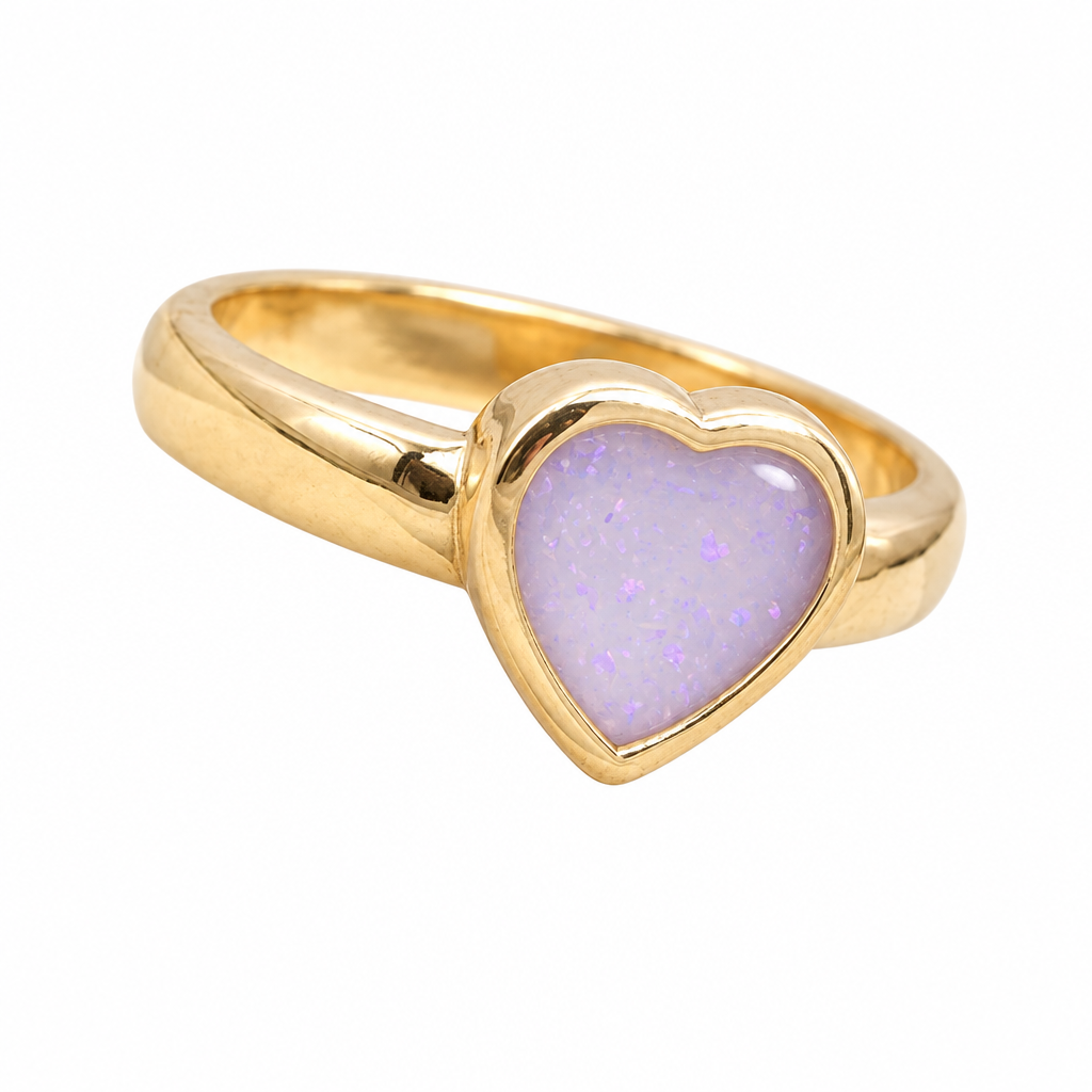Illustrative 9ct gold Thick Trim Heart memorial ring with lavender opal resin inclusion