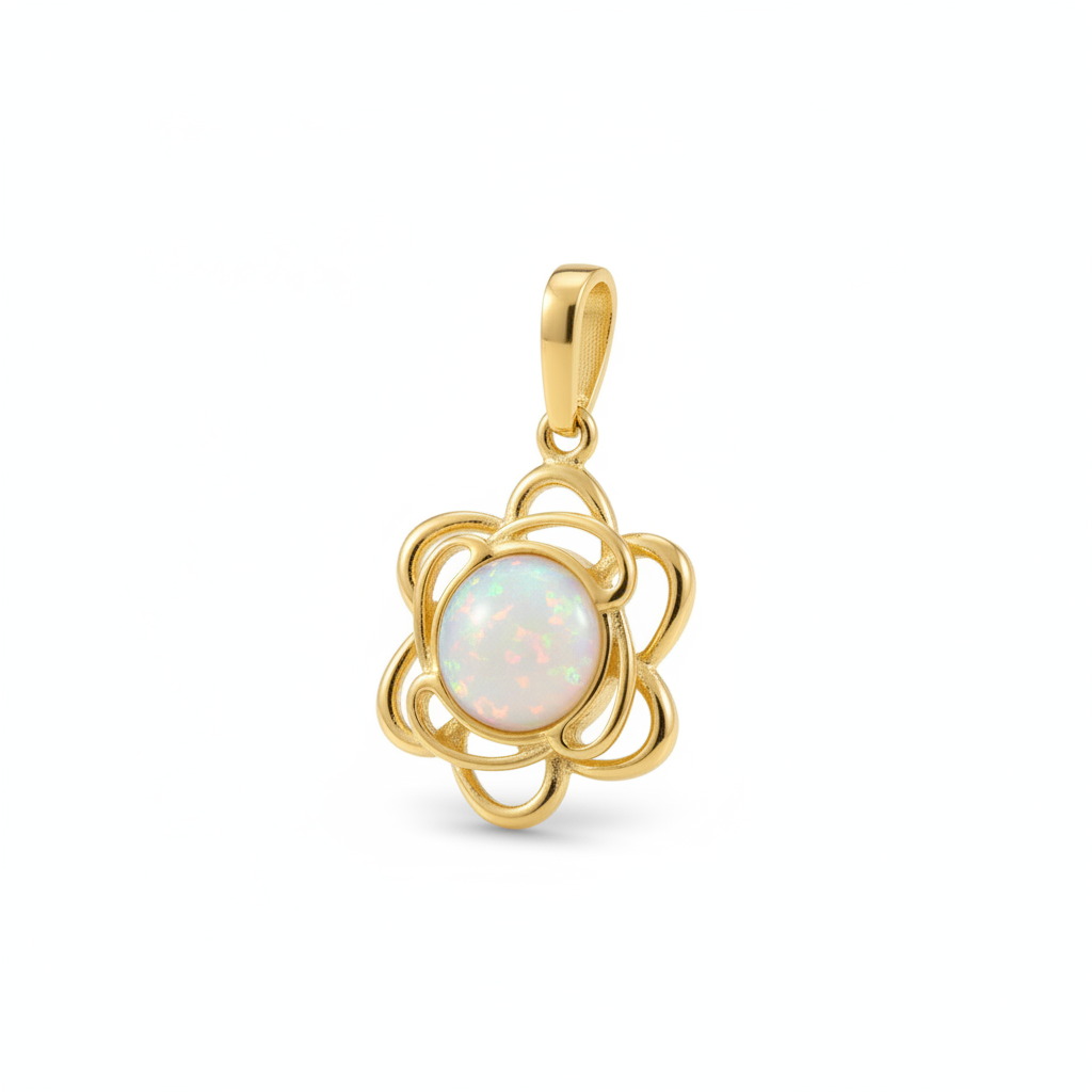 9ct gold open flower memorial pendant with white mica and opal flakes