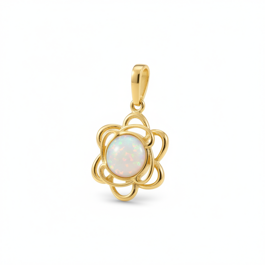 9ct gold open flower memorial pendant with white mica and opal flakes