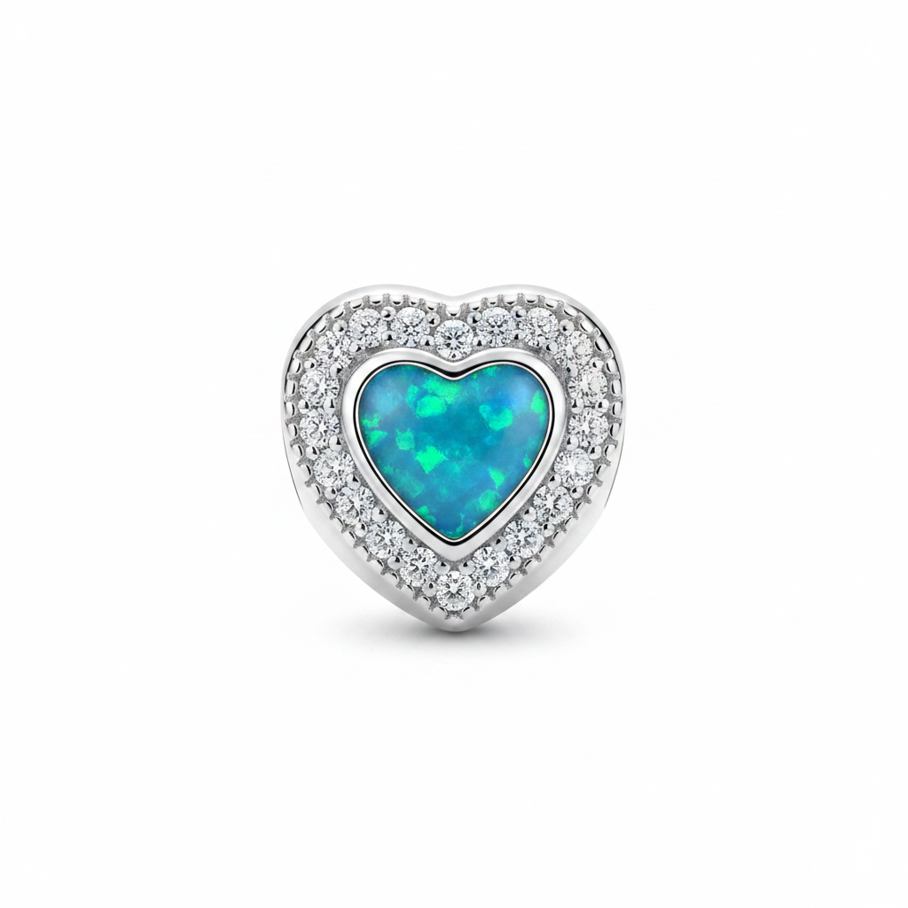 Solid Silver Heart CZ Halo Bead 925 Silver Memorial Charm – blue teal opal inclusion