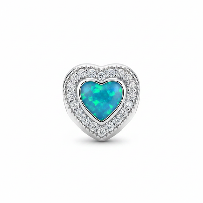 Solid Silver Heart CZ Halo Bead 925 Silver Memorial Charm – blue teal opal inclusion