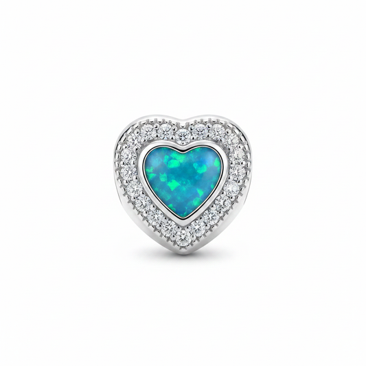 Solid Silver Heart CZ Halo Bead 925 Silver Memorial Charm – blue teal opal inclusion