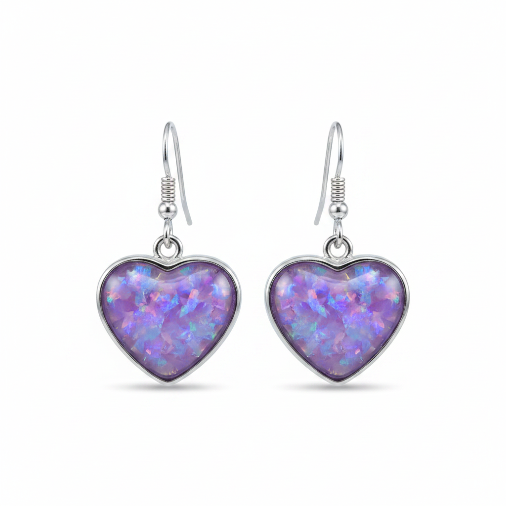 Silver 925 heart drop earrings - lavender purple opal