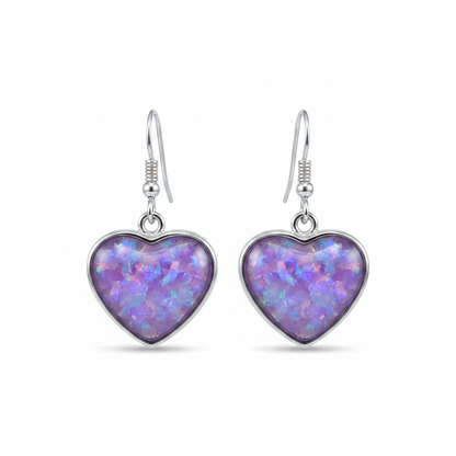 Silver 925 heart drop earrings - lavender purple opal