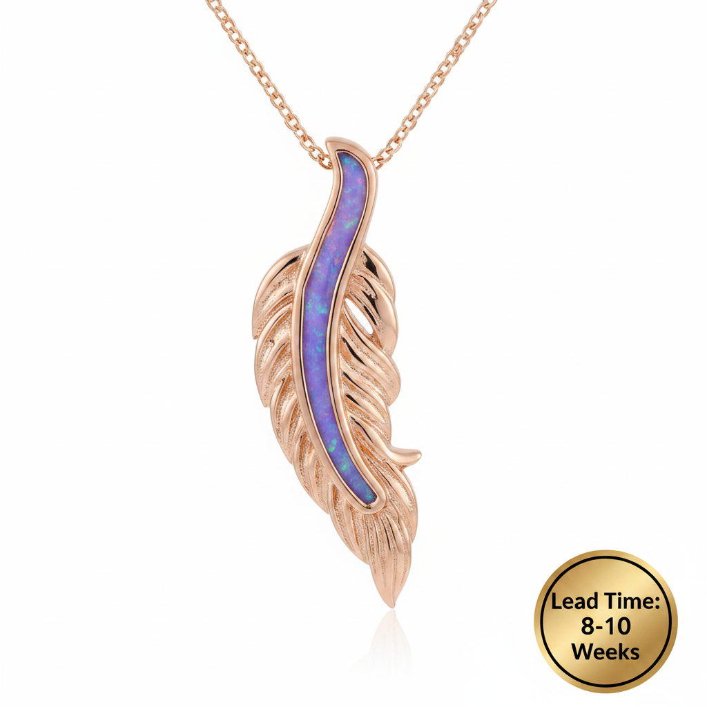 9ct rose gold feather memorial pendant with lavender opal resin in central spine, white background, lead time 8-10 weeks