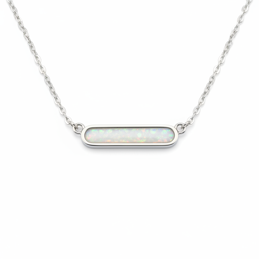 Slim bar memorial pendant necklace 316L stainless steel white pearl opal flakes
