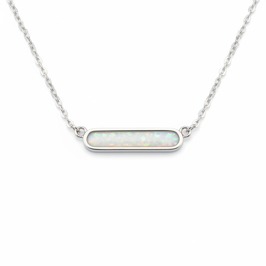 Slim bar memorial pendant necklace 316L stainless steel white pearl opal flakes