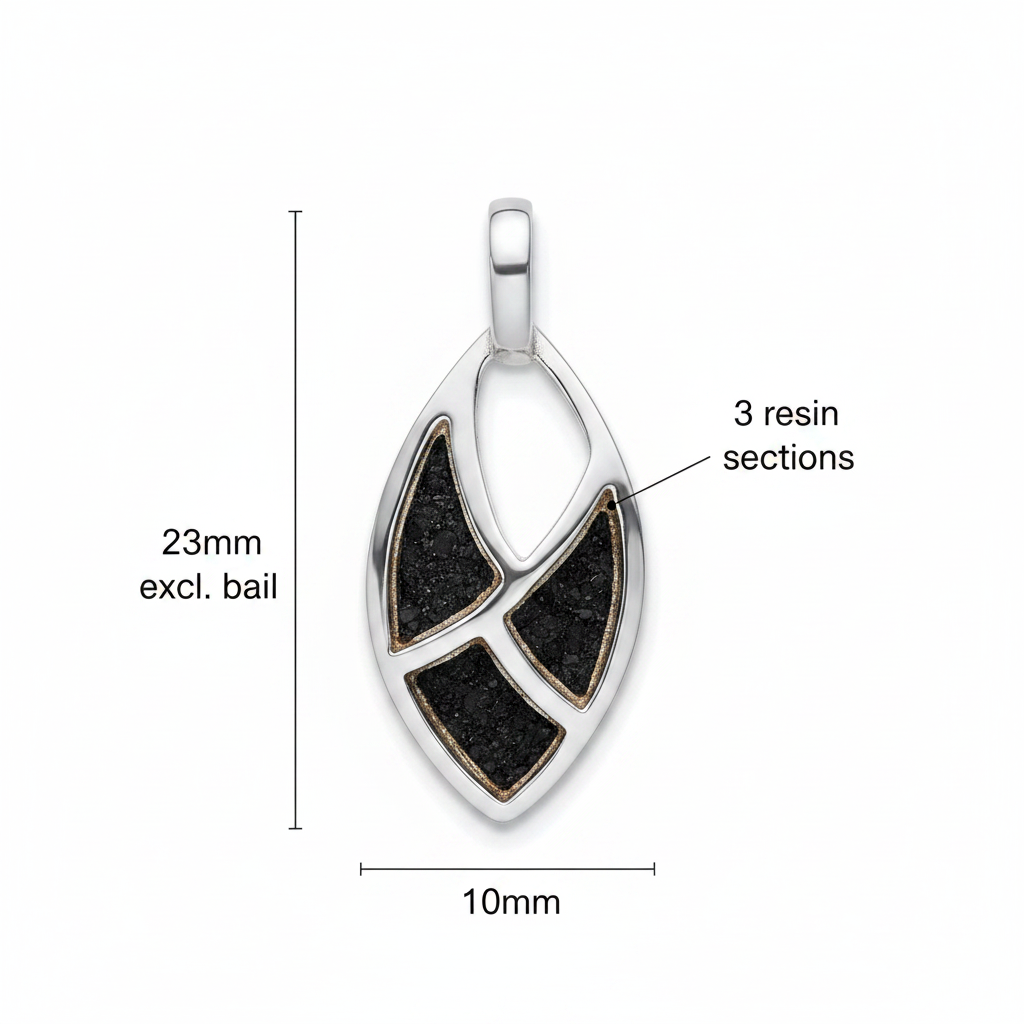 Silver 925 three section marquise memorial pendant dimensions — 23x10mm excl. bail, 3 resin sections