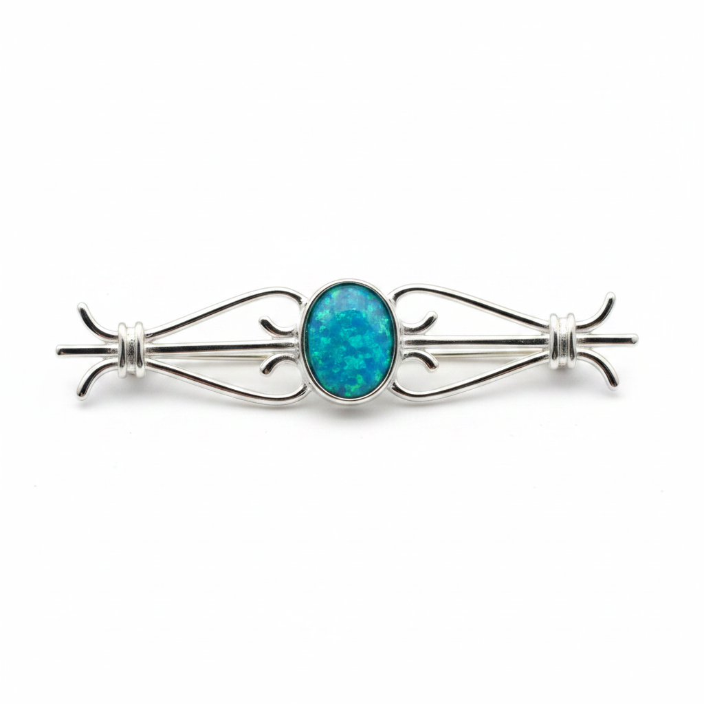 Silver 925 classic bar brooch with blue teal opal resin in 8x6mm central setting on white background