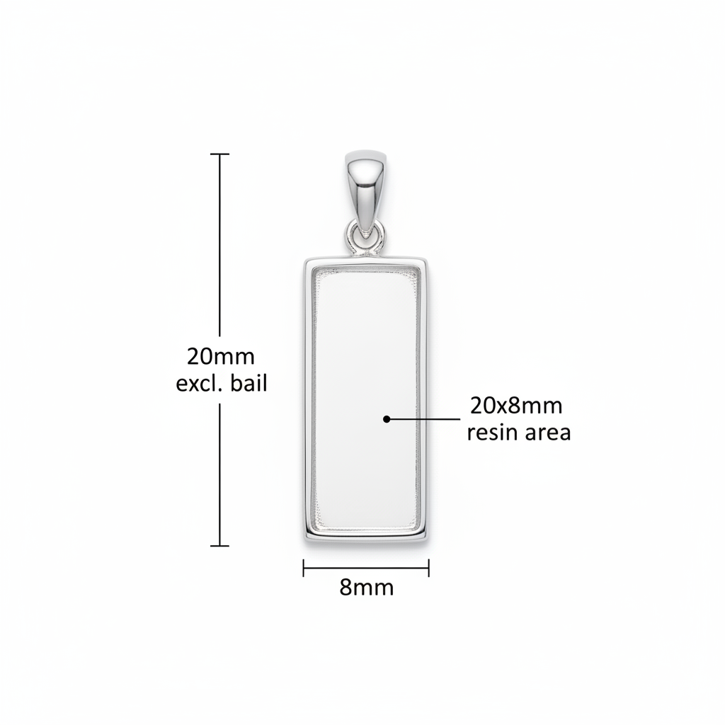 Silver 925 rectangular bar memorial pendant dimensions — 20x8mm resin area excl. bail