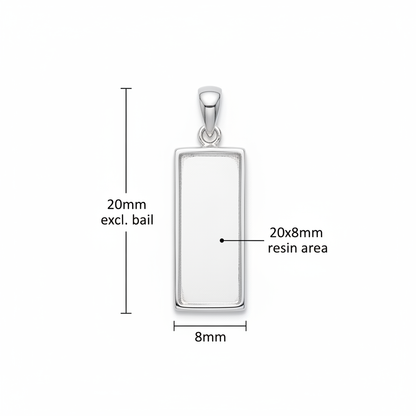 Silver 925 rectangular bar memorial pendant dimensions — 20x8mm resin area excl. bail