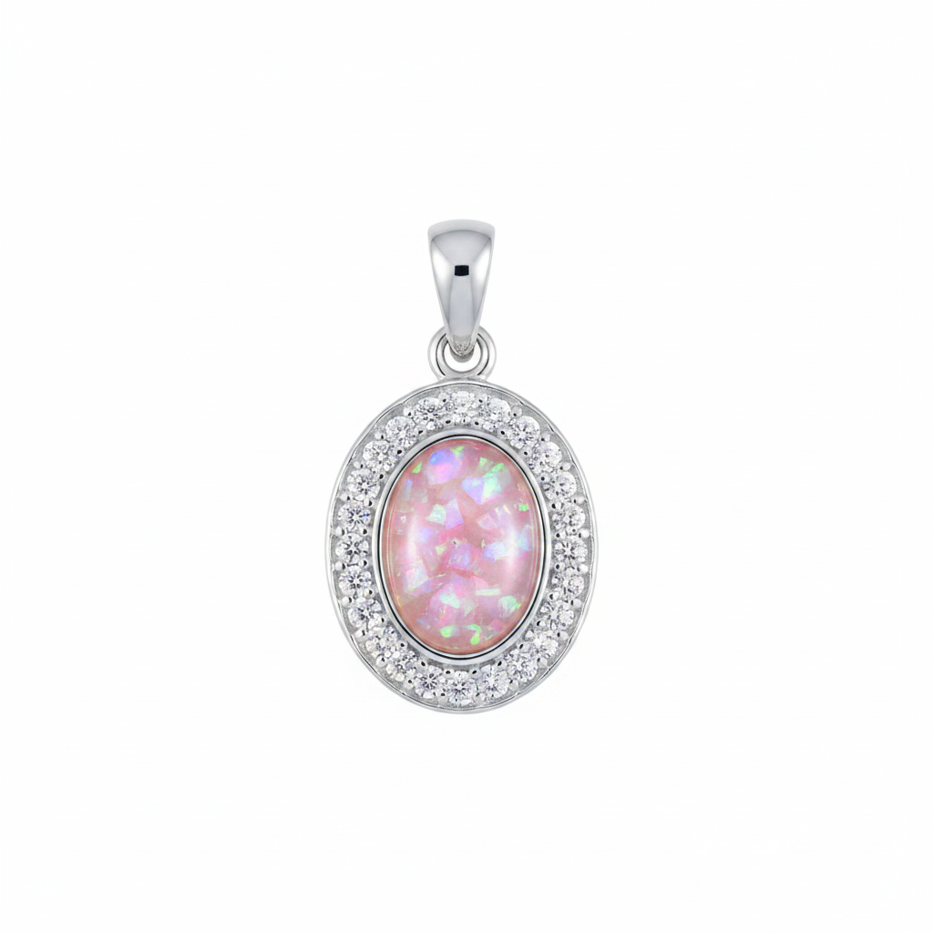 Silver 925 oval halo CZ memorial pendant with pink opal flakes, white background