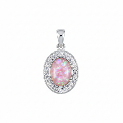Silver 925 oval halo CZ memorial pendant with pink opal flakes, white background