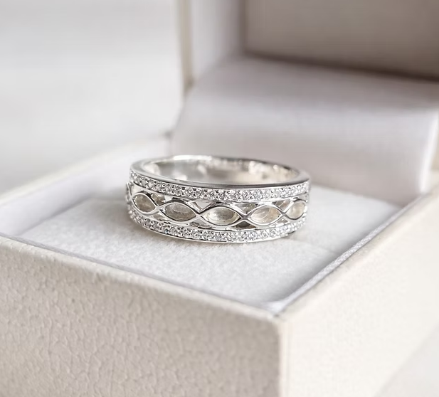 CZ almond channel 925 sterling silver memorial ring in gift box — marquise bezels with CZ pavé borders