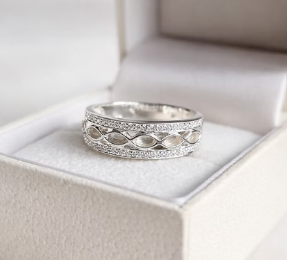 CZ almond channel 925 sterling silver memorial ring in gift box — marquise bezels with CZ pavé borders