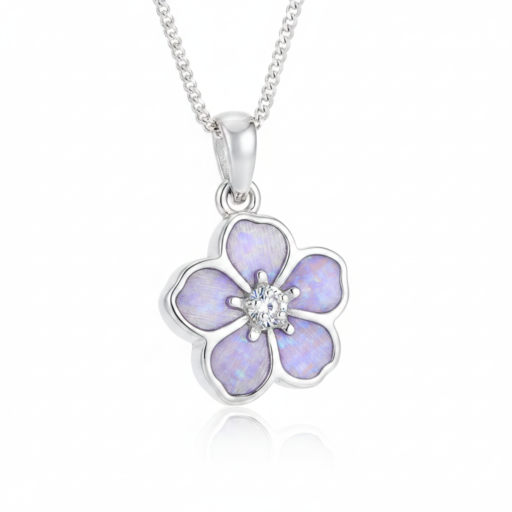 Forget me not silver pendant with lavender purple opal resin petals and CZ centre, white background