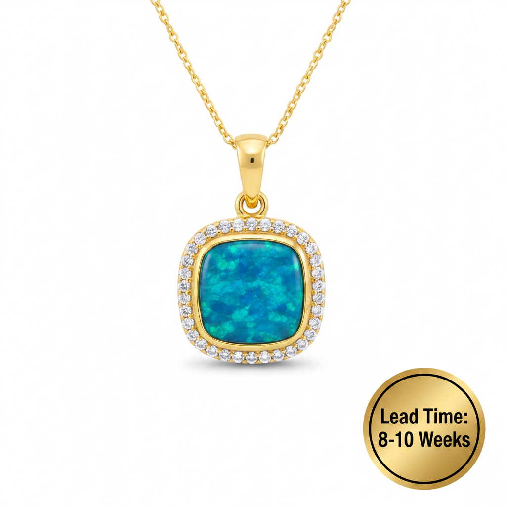 9ct yellow gold CZ cushion memorial pendant with blue teal opal resin, matching blank shape, white background, lead time 8-10 weeks
