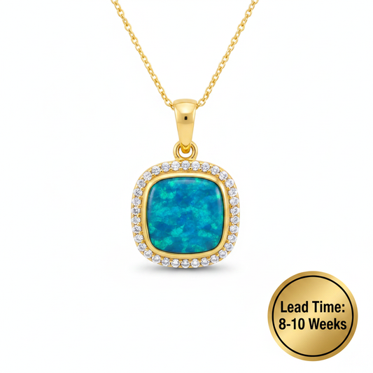 9ct yellow gold CZ cushion memorial pendant with blue teal opal resin, matching blank shape, white background, lead time 8-10 weeks