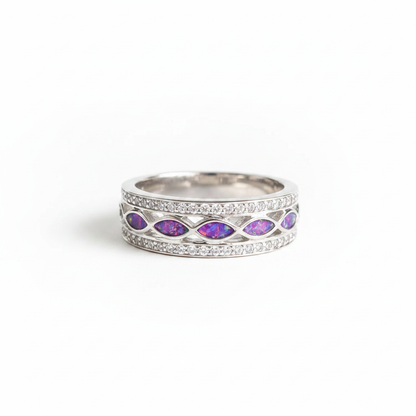 CZ almond channel sterling silver memorial ring with lavender purple opal flakes in marquise bezels