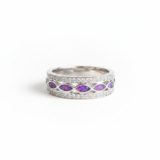 CZ almond channel sterling silver memorial ring with lavender purple opal flakes in marquise bezels