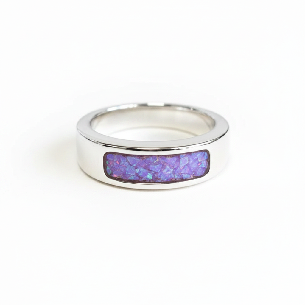 925 sterling silver 6mm unisex memorial band ring with lavender purple opal flakes inclusion