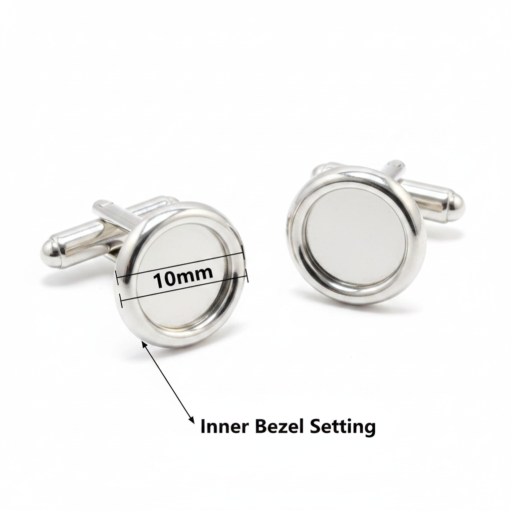 Silver 925 round cufflinks dimensions guide showing 10mm inner bezel setting