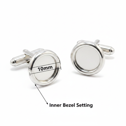 Silver 925 round cufflinks dimensions guide showing 10mm inner bezel setting