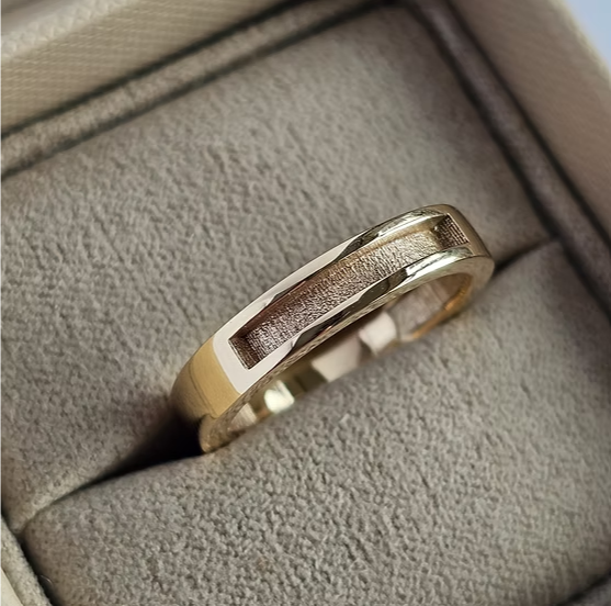 9ct yellow gold 4mm square front face channel band ring in jewellery box, angled view showing flat face and recessed channel