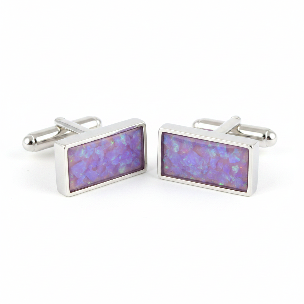 Silver 925 flat rectangular cufflinks with lavender purple opal resin in 22x7mm bezel setting on white background