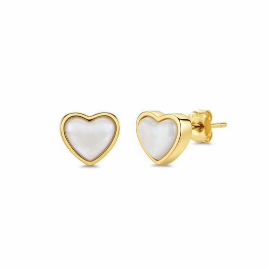 Gold heart stud earrings with white pearl mica memorial resin