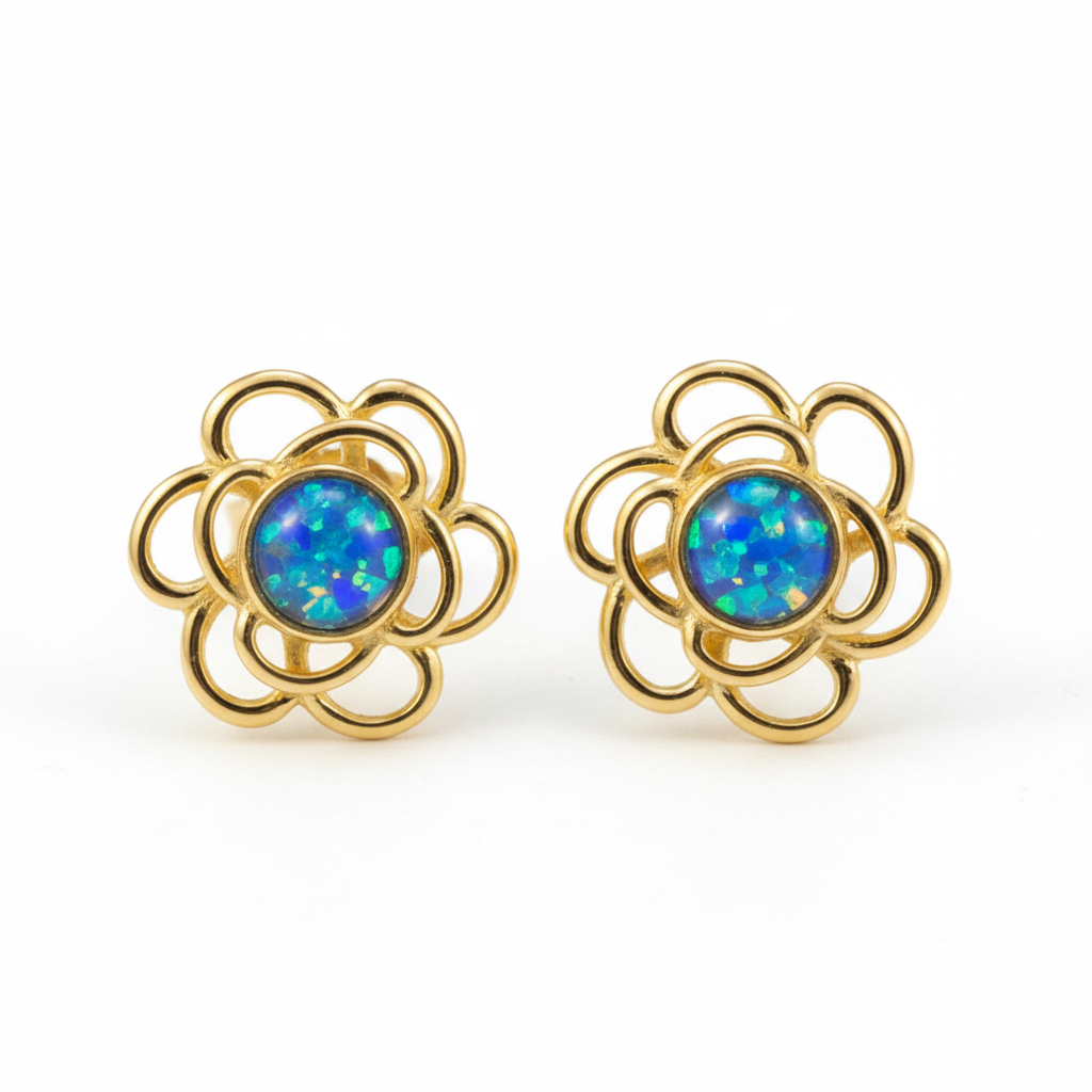 Gold open rose flower stud earrings with blue opal memorial resin