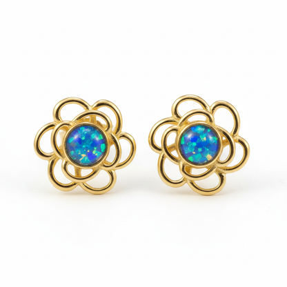 Gold open rose flower stud earrings with blue opal memorial resin